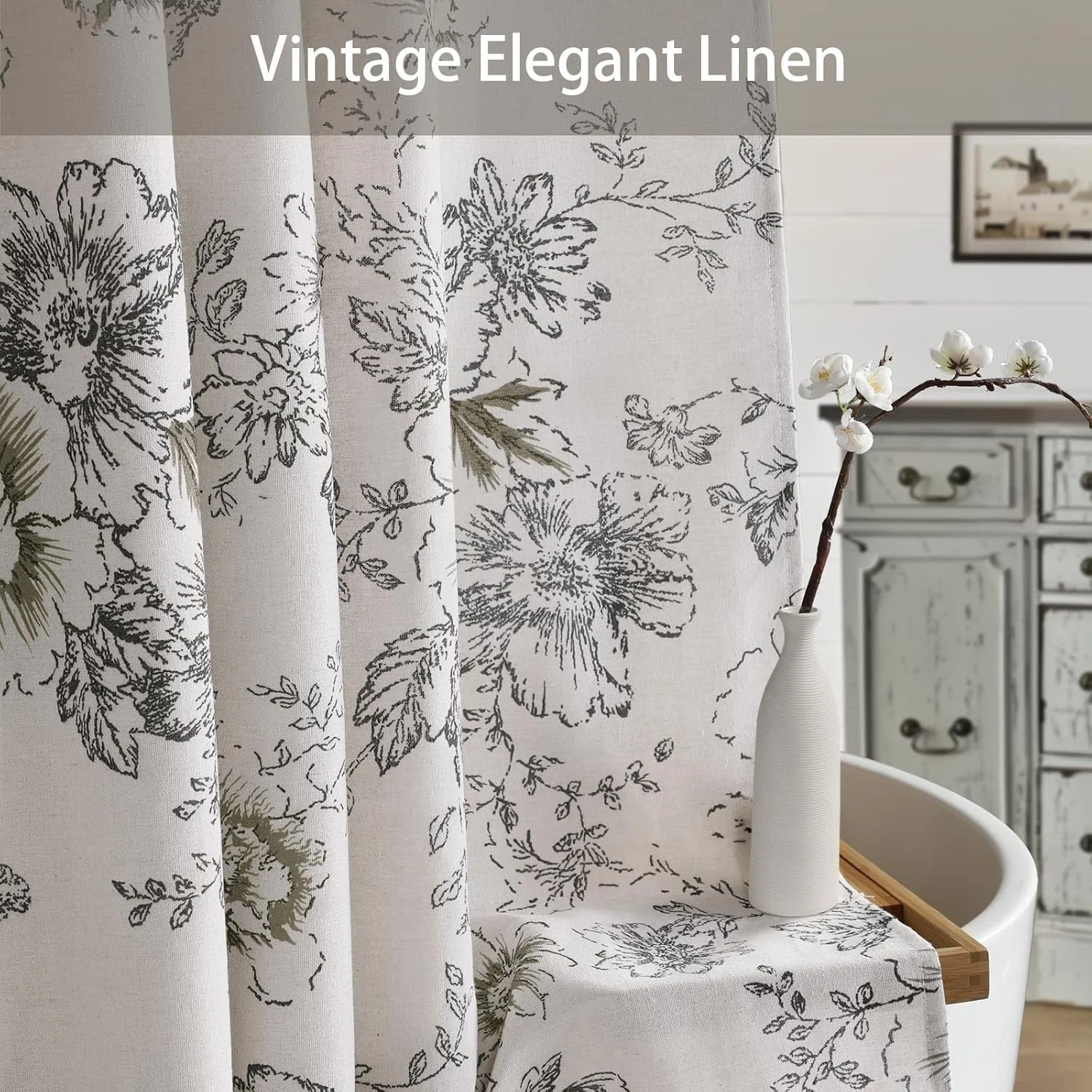 Psoiuetr  Rustic Floral Cottagecore Shower Curtain Black Pattern Linen Vintage Shower Curtain for Bathroom Farmhouse 72"x72"