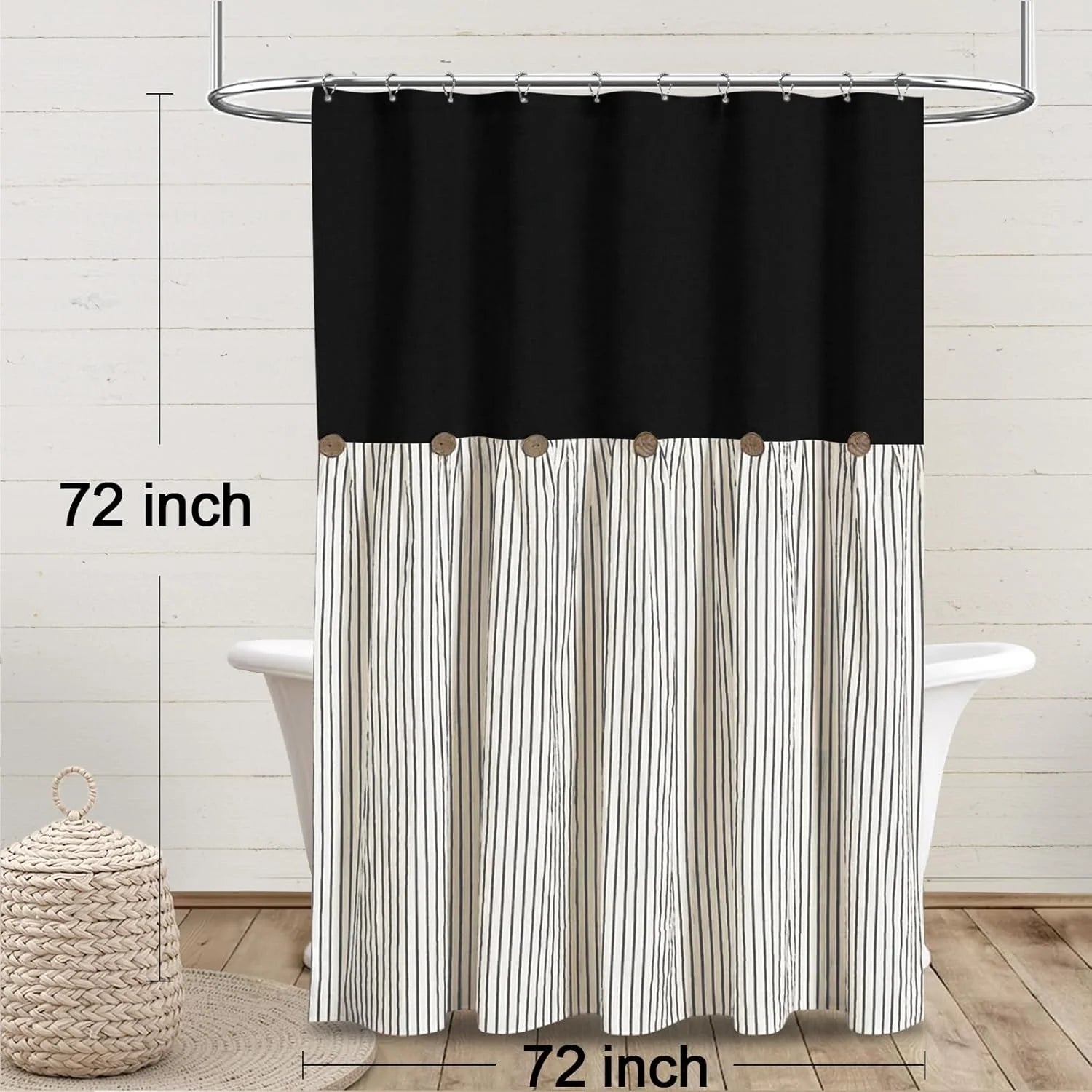 Psoiuetr Farmhouse Black Shower Curtain Button Linen Textured Woven Fabric,Pleated Black Stripe,Country Style,72x72 Inch