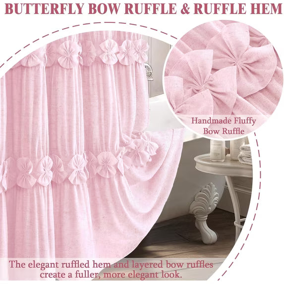Psoiuetr Ruffle Shower Curtain with Vintage Cute Bow and Natural Linen Tuxtured Shower Curtain for Bathroom Boho Farmhouse Pink 72" x 72"