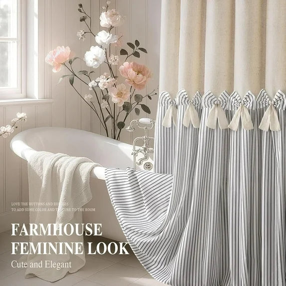 Psoiuetr Farmhouse Shower Curtain Bow Linen Textured Shower Curtains for Bathroom Western Rustic French Country Cottage Fabric, Pleated Gray Stripe, 72" W X 72" L Inch