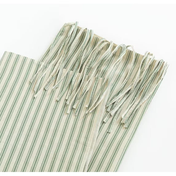 Green Striped Linen Hookless Shower Curtain, Vintage Farmhouse Style with Bow Knot Ties, Country Fabric Bathroom Curtain for Bathroom Decor, Standard Size (72x72 Inches)