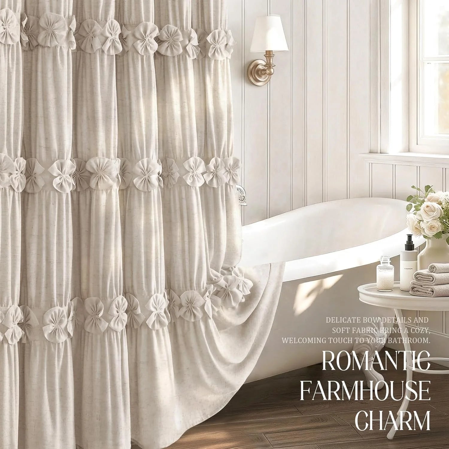 Psoiuetr Ruffle Shower Curtain with Handmade Bow Tie, Beige Linen Vintage Farmhouse Shower Curtain for Bathroom, 72" W x 72" H