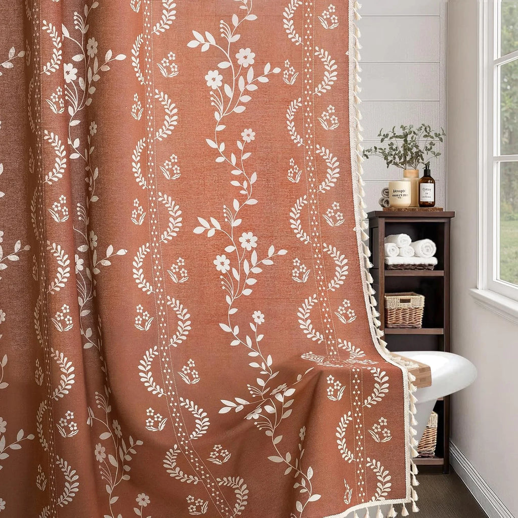 Psoiuetr Vintage Boho Terracotta Shower Curtain, Floral Patterned Shower Curtains for Bathroom with Tassels 72" W x 72" L