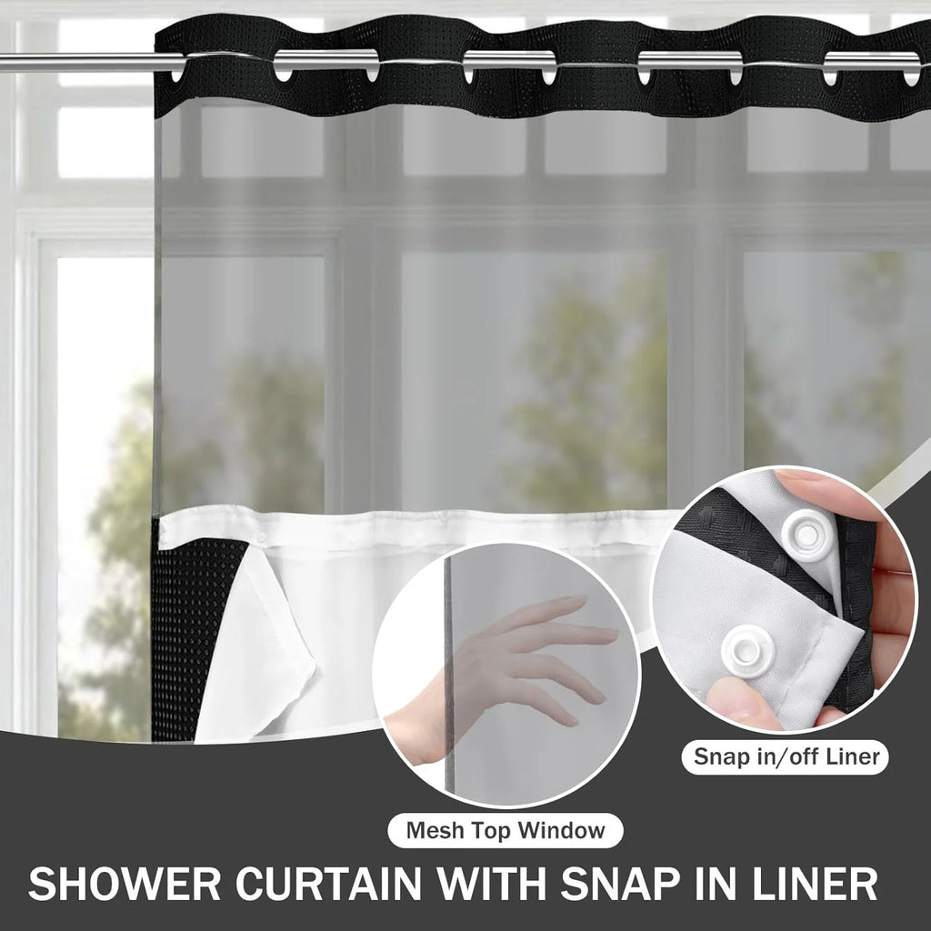 Psoiuetr Black Waffle Shower Curtain No Hook with Snap-in Fabric Liner Hotel Shower Curtain with See Through Top Window 72" W x 75" L