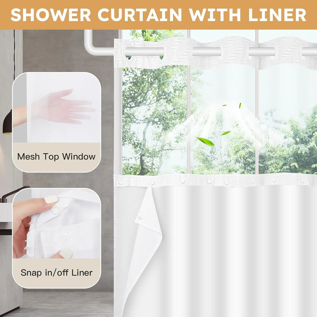 Psoiuetr No Hook White Boho Tufted Hotel Shower Curtain with Snap-in Fabric Liner Chevron Striped with Mesh Top Window Hookless 72" W x 75" L