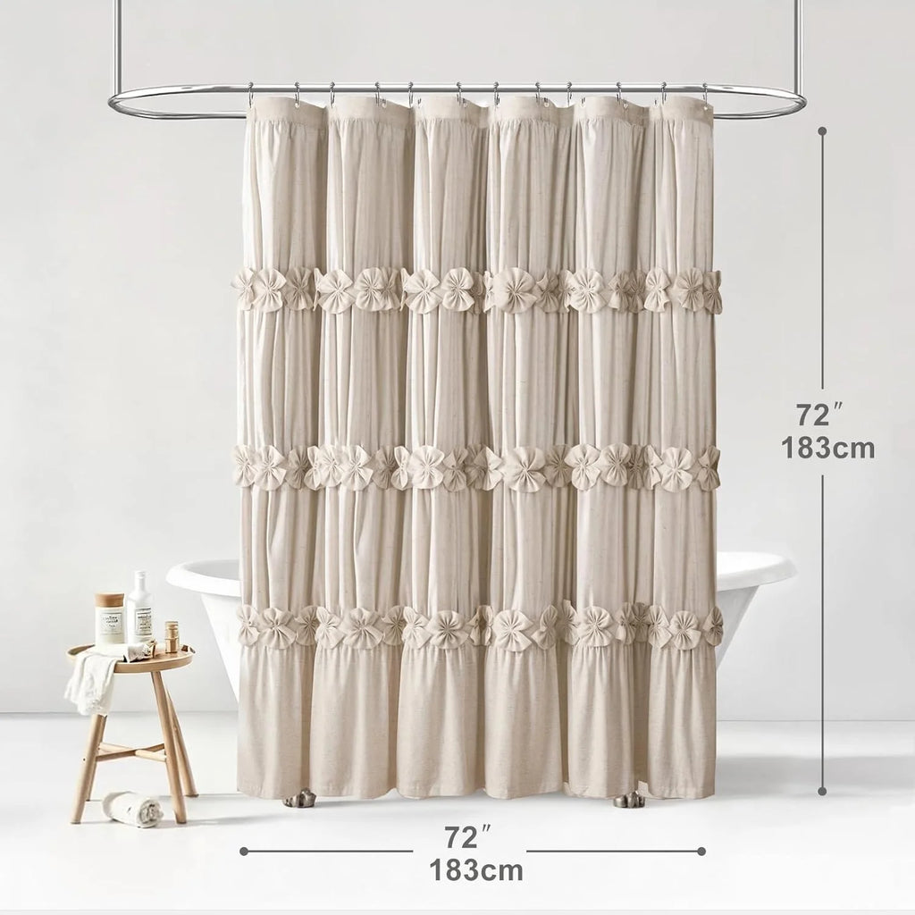 Psoiuetr Ruffle Shower Curtain with Handmade Bow Tie, Beige Linen Vintage Farmhouse Shower Curtain for Bathroom, 72" W x 72" H