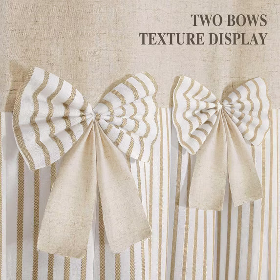 Psoiuetr Farmhouse Shower Curtain Linen Beige Bow Woven Fabric Country Rustic Western, Pleated Beige Stripe 72" W x 72" L