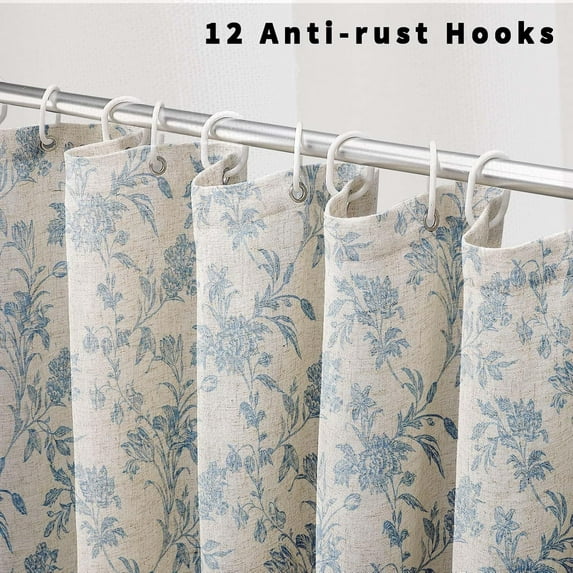 Psoiuetr Beige Linen Shower Curtain Blue Cotton Floral Cottagecore Spring Shower Curtain for Bathroom 72" W x 72" L