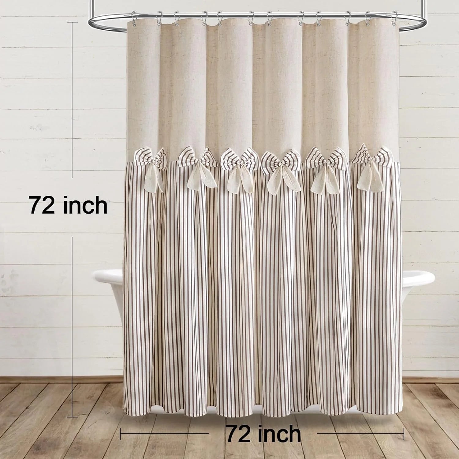 Psoiuetr Farmhouse Shower Curtain Bow Linen Textured Shower Curtains for Bathroom Western Rustic French Country Cottage Fabric, Pleated Brown Stripe, 72" W X 72" L Inch