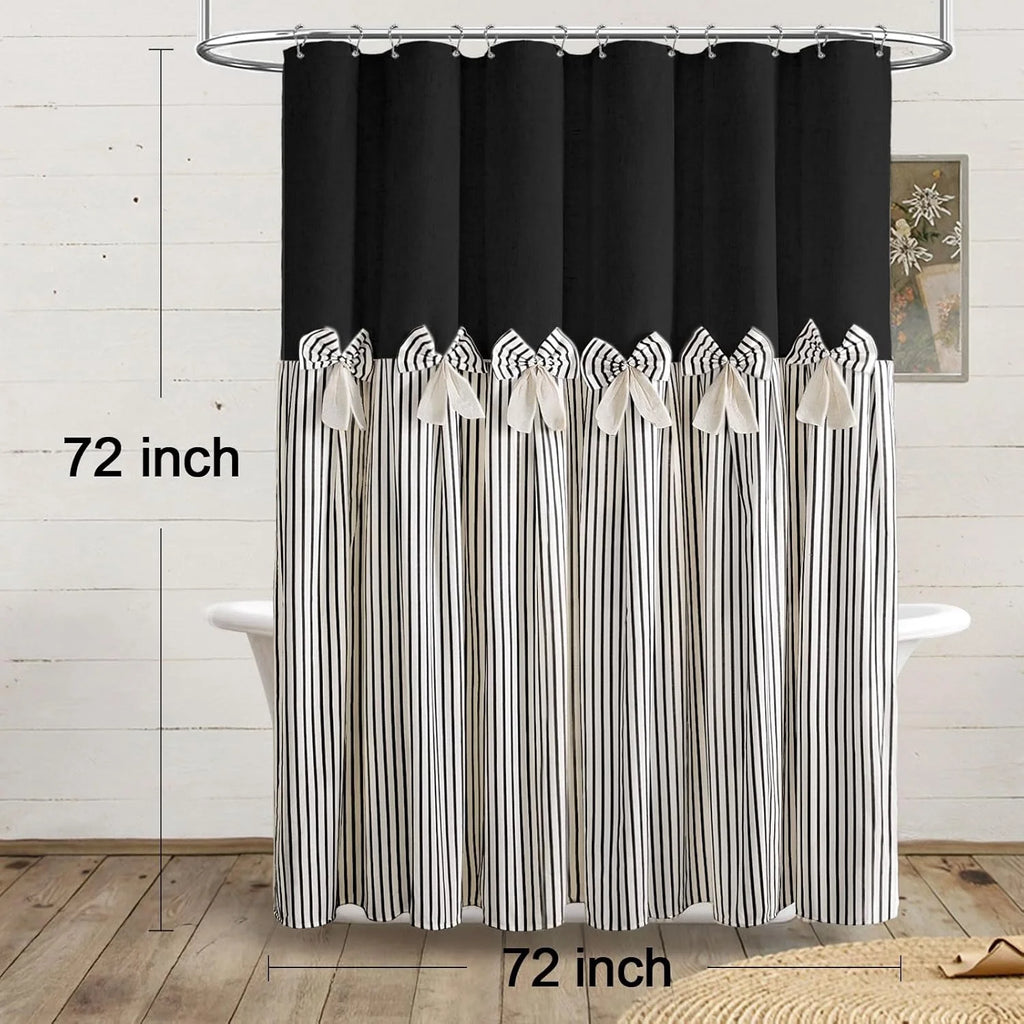 Farmhouse Shower Curtain Linen Black Bow Woven Fabric Country Rustic Western, Pleated Black Stripe 72" W x 72" L