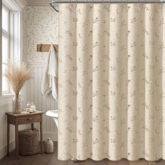 Floral Farmhouse Vintage Linen Shower Curtain, French Country Embroidered Textured Shower Curtains for Bathroom, 72Wx72H