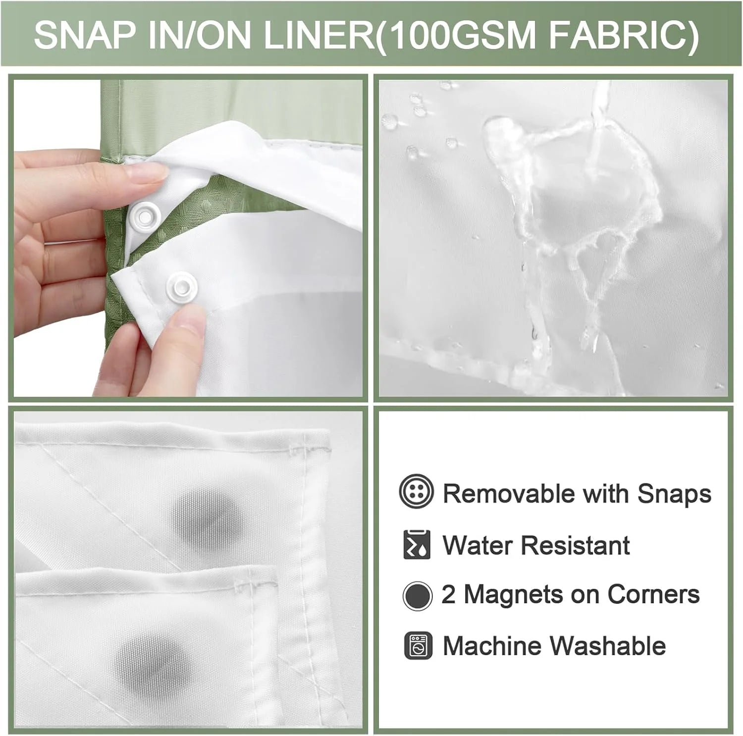 Psoiuetr Green Waffle Shower Curtain No Hook with Snap-in Fabric Liner Hotel Shower Curtain with See Through Top Window 72" W x 75" L