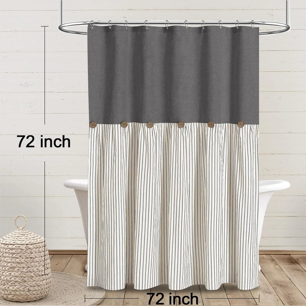Psoiuetr Farmhouse Gray Shower Curtain Button Linen Textured Woven Fabric,Pleated Gray Stripe,Country Style,72x72 Inch