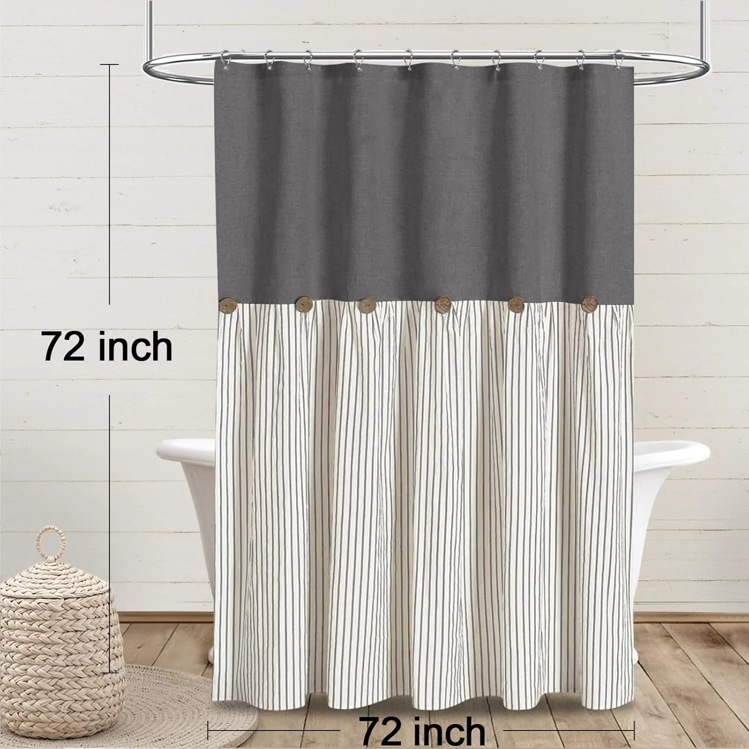 Psoiuetr Farmhouse Gray Shower Curtain Button Linen Textured Woven Fabric,Pleated Gray Stripe,Country Style,72x72 Inch