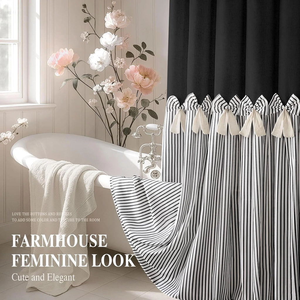 Farmhouse Shower Curtain Linen Black Bow Woven Fabric Country Rustic Western, Pleated Black Stripe 72" W x 72" L