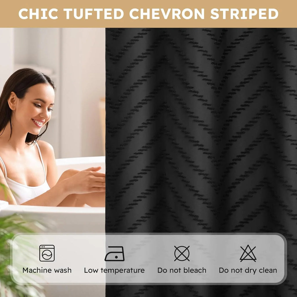Psoiuetr No Hook Black Boho Tufted Hotel Shower Curtain with Snap-in Fabric Liner Chevron Striped with Mesh Top Window 72" W x 75" L