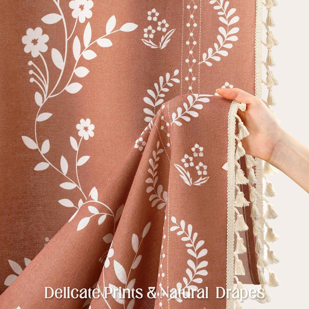 Psoiuetr Vintage Boho Terracotta Shower Curtain, Floral Patterned Shower Curtains for Bathroom with Tassels 72" W x 72" L