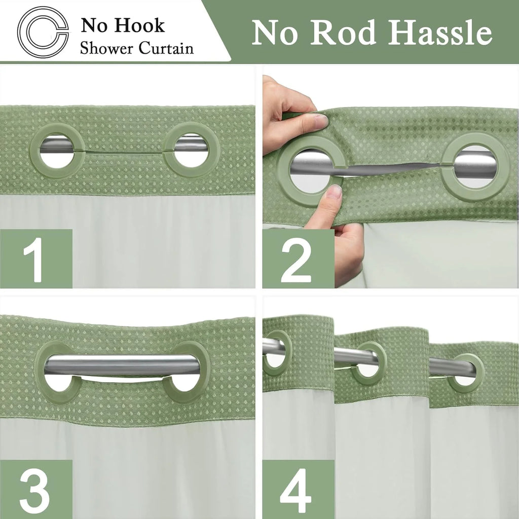 Psoiuetr Green Waffle Shower Curtain No Hook with Snap-in Fabric Liner Hotel Shower Curtain with See Through Top Window 72" W x 75" L