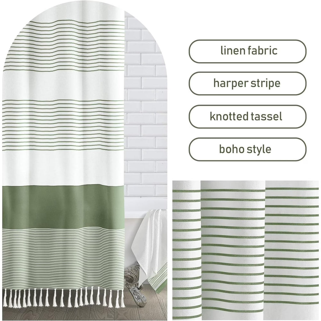 Psoiuetr Boho Sage Green Shower Curtain for Bathroom Stripe Tassel Fabric Shower Curtain 72 X 78 Inches Farmhouse Linen