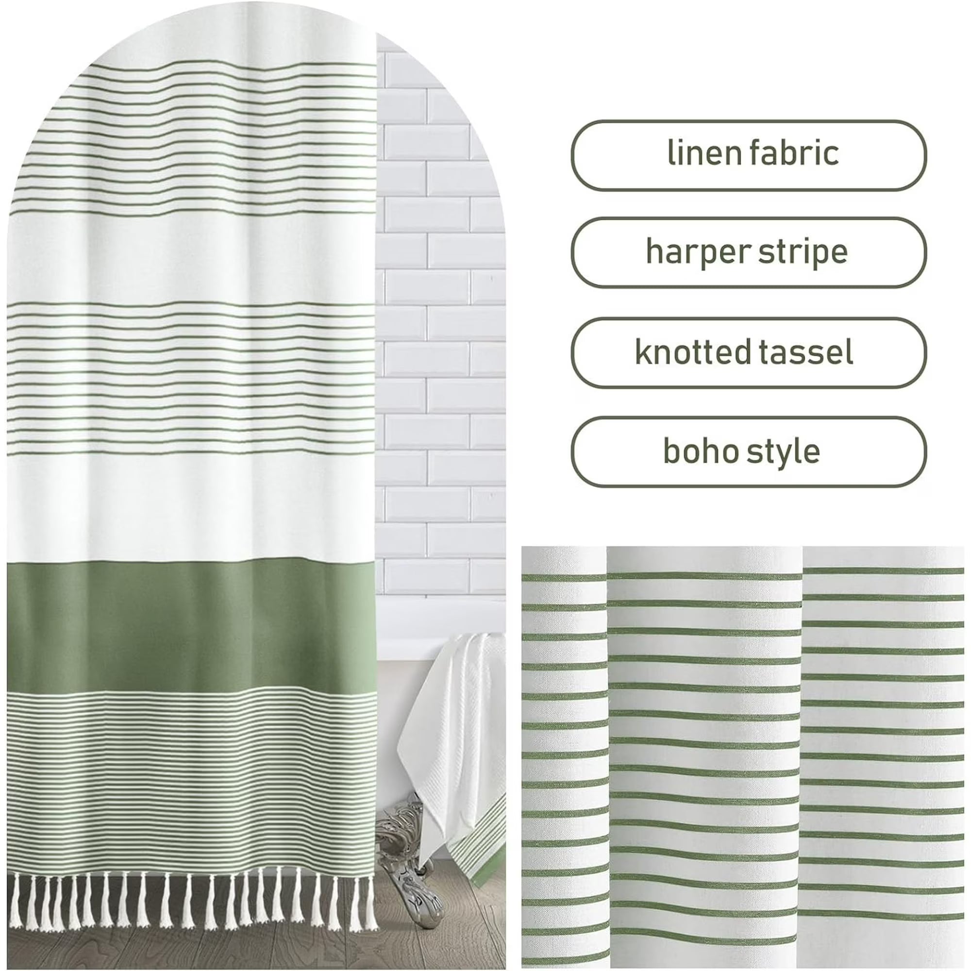 Psoiuetr Boho Sage Green Shower Curtain for Bathroom Stripe Tassel Fabric Shower Curtain 72 X 78 Inches Farmhouse Linen