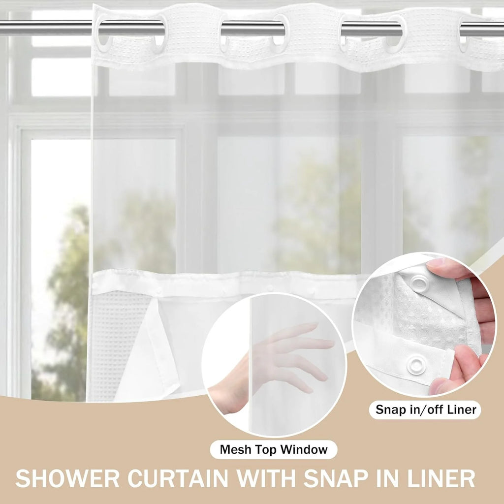 Psoiuetr White Waffle Shower Curtain No Hook with Snap-in Fabric Liner Hotel Shower Curtain with See Through Top Window 72" W x 75" L