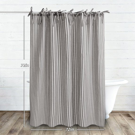 Black Striped Linen Hookless Shower Curtain, Vintage Farmhouse Style with Bow Knot Ties, Country Fabric Bathroom Curtain for Bathroom Decor, Standard Size (72x72 Inches)