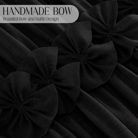 Psoiuetr Ruffle Shower Curtain with Vintage Cute Bow and Natural Linen Tuxtured Shower Curtain for Bathroom Boho Farmhouse Black 72" x 72"