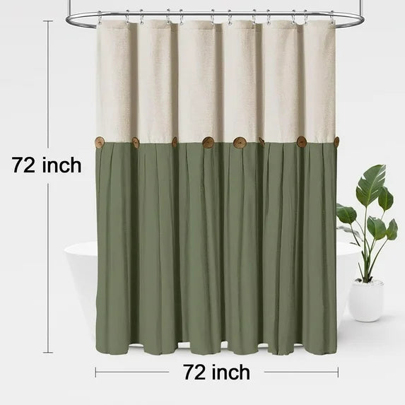 Psoiuetr Farmhouse Shower Curtain for Bathroom Linen and Cotton Woven Fabric Country Rustic Style Shower Curtain Set (Cream & Green, 72" L x 72" W)