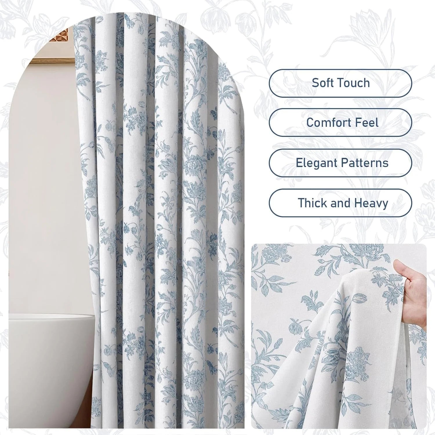 Psoiuetr Light Blue Shower Curtain,Cotton Floral Cottagecore Shower Curtains for Bathroom 72" W x 72" L