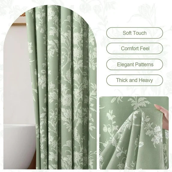 Green Shower Curtain,White Cotton Floral Cottagecore Spring Shower Curtain for Bathroom 72" W x 72" L