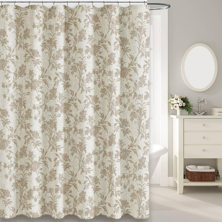 Beige Shower Curtain Floral Cotton Linen Cottagecore Shower Curtain for Bathroom 72" W x 72" L Boho Farmhouse