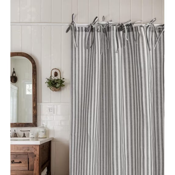 Black Striped Linen Hookless Shower Curtain, Vintage Farmhouse Style with Bow Knot Ties, Country Fabric Bathroom Curtain for Bathroom Decor, Standard Size (72x72 Inches)