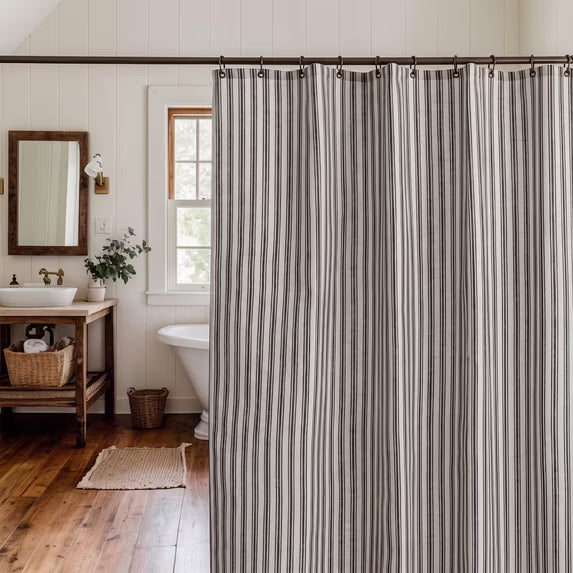 Black Striped Linen Shower Curtain, Vintage Farmhouse Style Bath Curtain for Bathroom, Country Fabric Shower Curtain with Rustic Charm, Standard Size (72x72 Inches)