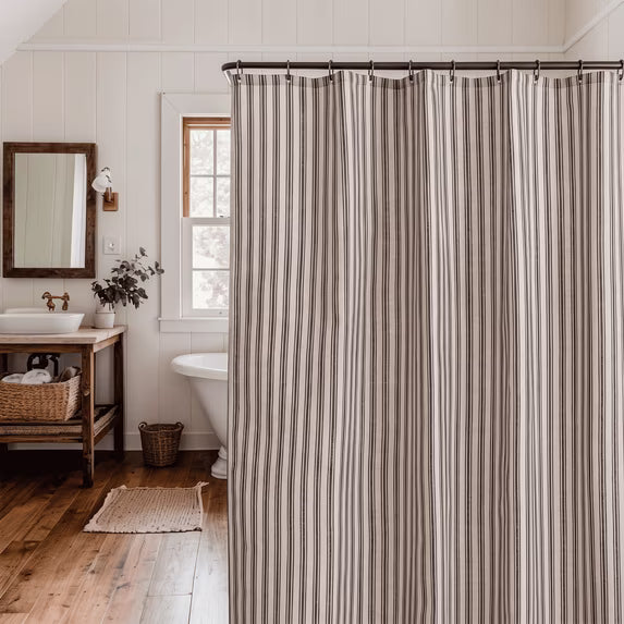 Brown Striped Linen Shower Curtain, Vintage Farmhouse Style Bath Curtain for Bathroom, Country Fabric Shower Curtain with Rustic Charm, Standard Size (72x72 Inches)