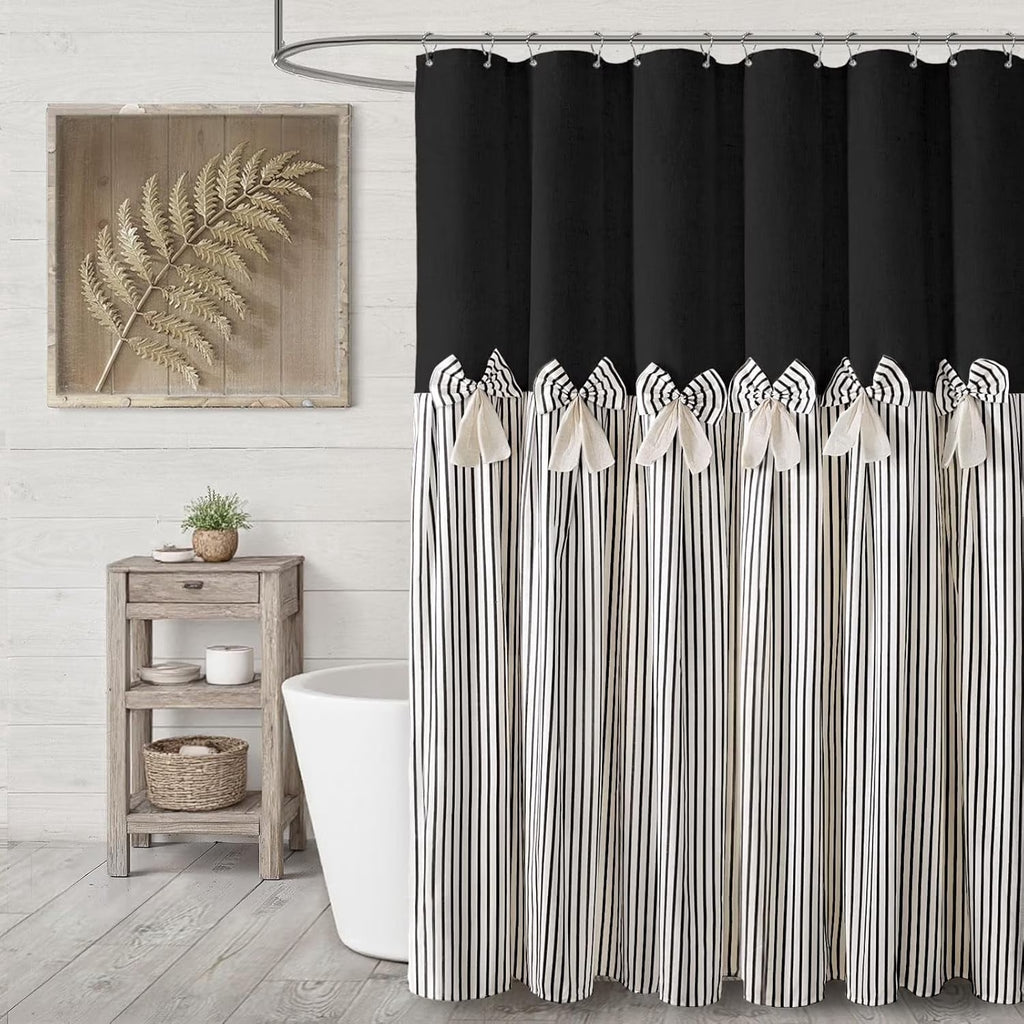 Farmhouse Shower Curtain Linen Black Bow Woven Fabric Country Rustic Western, Pleated Black Stripe 72" W x 72" L