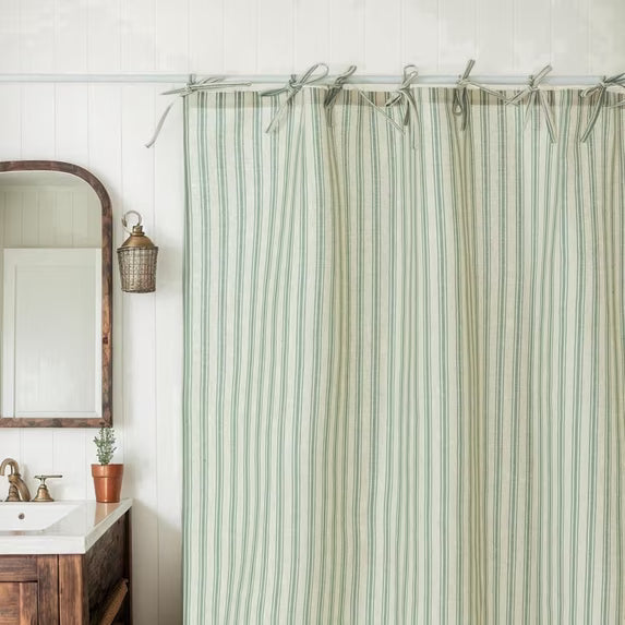Green Striped Linen Hookless Shower Curtain, Vintage Farmhouse Style with Bow Knot Ties, Country Fabric Bathroom Curtain for Bathroom Decor, Standard Size (72x72 Inches)
