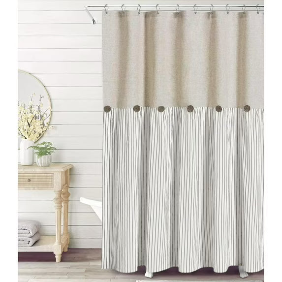 Psoiuetr Linen Shower Curtains for Bathroom Farmhouse Shower Curtain Rustic Country Button Fabric Pleated Gray Stripe 72" x 72"