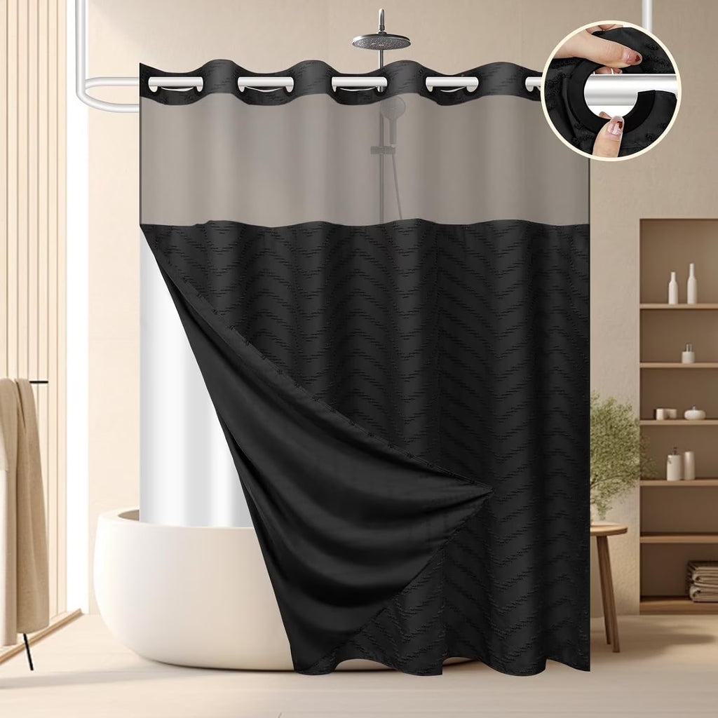 Psoiuetr No Hook Black Boho Tufted Hotel Shower Curtain with Snap-in Fabric Liner Chevron Striped with Mesh Top Window 72" W x 75" L