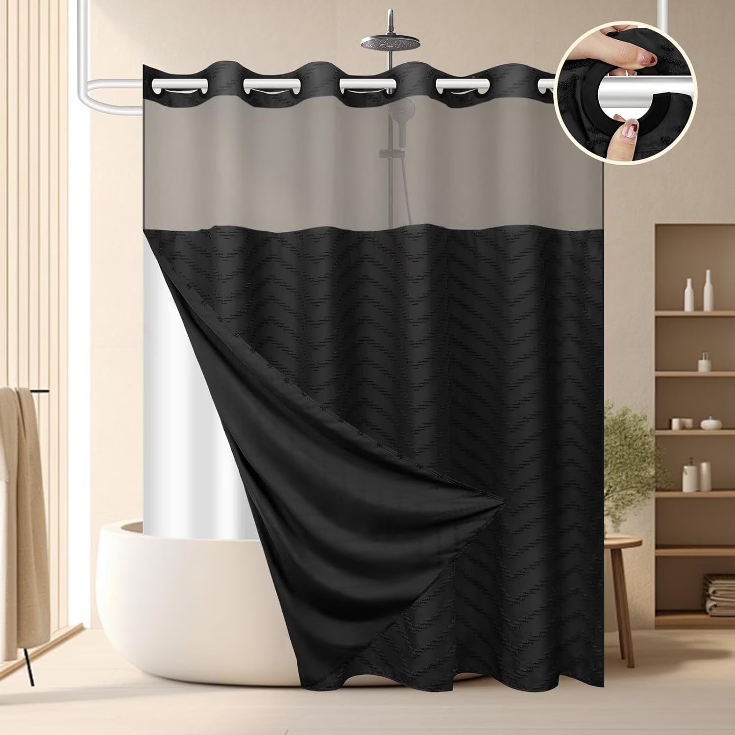 Psoiuetr No Hook Black Boho Tufted Hotel Shower Curtain with Snap-in Fabric Liner Chevron Striped with Mesh Top Window 72" W x 75" L