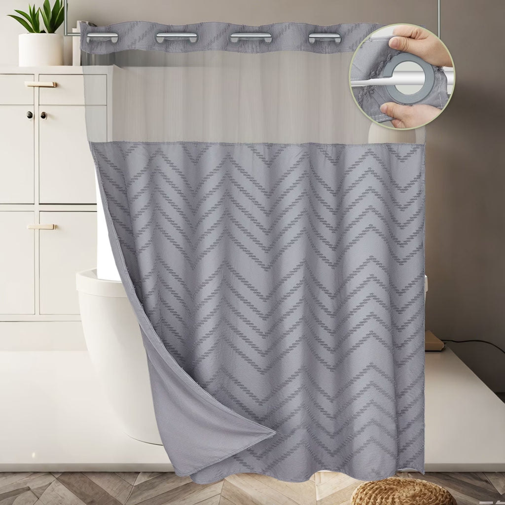 Psoiuetr No Hook Gray Boho Tufted Hotel Shower Curtain with Snap-in Fabric Liner Chevron Striped with Mesh Top Window Hookless 72" W x 75" L