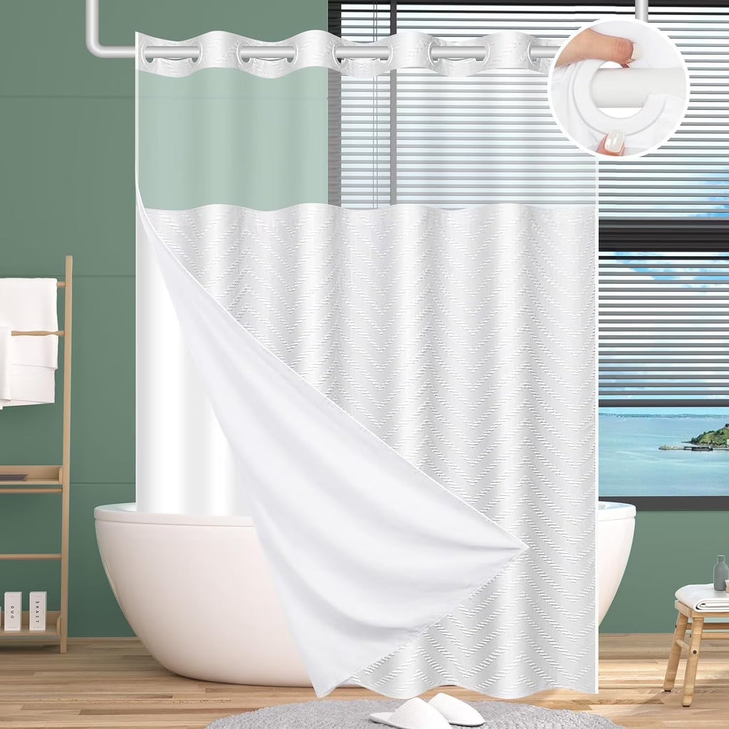 Psoiuetr No Hook White Boho Tufted Hotel Shower Curtain with Snap-in Fabric Liner Chevron Striped with Mesh Top Window Hookless 72" W x 75" L