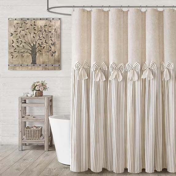 Psoiuetr Farmhouse Shower Curtain Linen Beige Bow Woven Fabric Country Rustic Western, Pleated Beige Stripe 72" W x 72" L