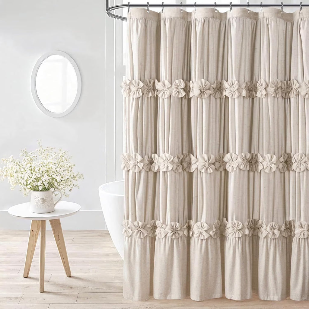 Psoiuetr Ruffle Shower Curtain with Handmade Bow Tie, Beige Linen Vintage Farmhouse Shower Curtain for Bathroom, 72" W x 72" H