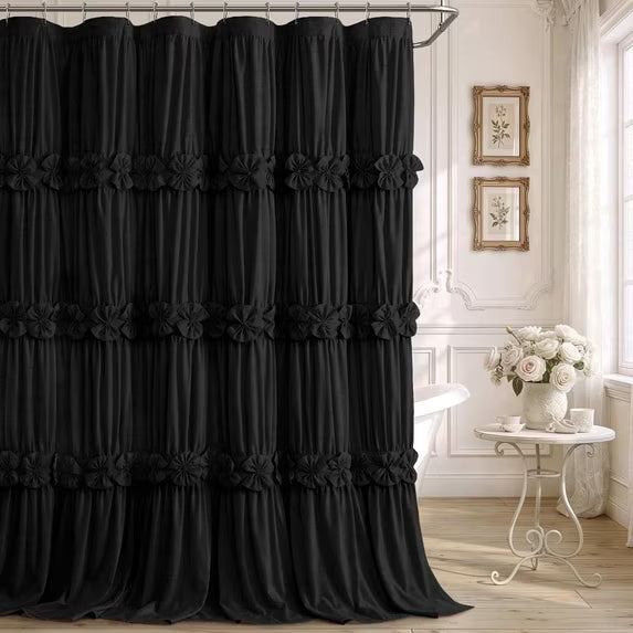 Psoiuetr Ruffle Shower Curtain with Vintage Cute Bow and Natural Linen Tuxtured Shower Curtain for Bathroom Boho Farmhouse Black 72" x 72"