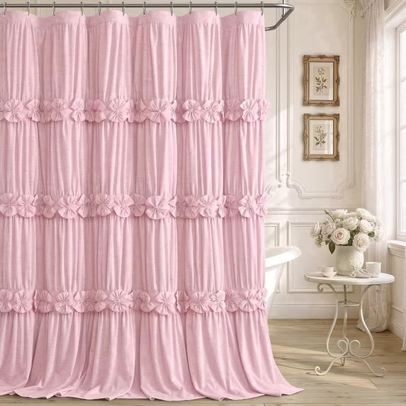 Psoiuetr Ruffle Shower Curtain with Vintage Cute Bow and Natural Linen Tuxtured Shower Curtain for Bathroom Boho Farmhouse Pink 72" x 72"