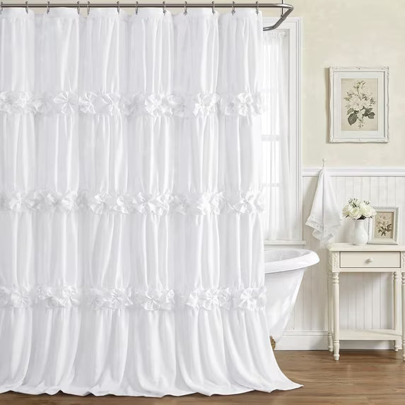 Psoiuetr Ruffle Shower Curtain with Vintage Cute Bow and Natural Linen Tuxtured Shower Curtain for Bathroom Boho Farmhouse White 72" x 72"