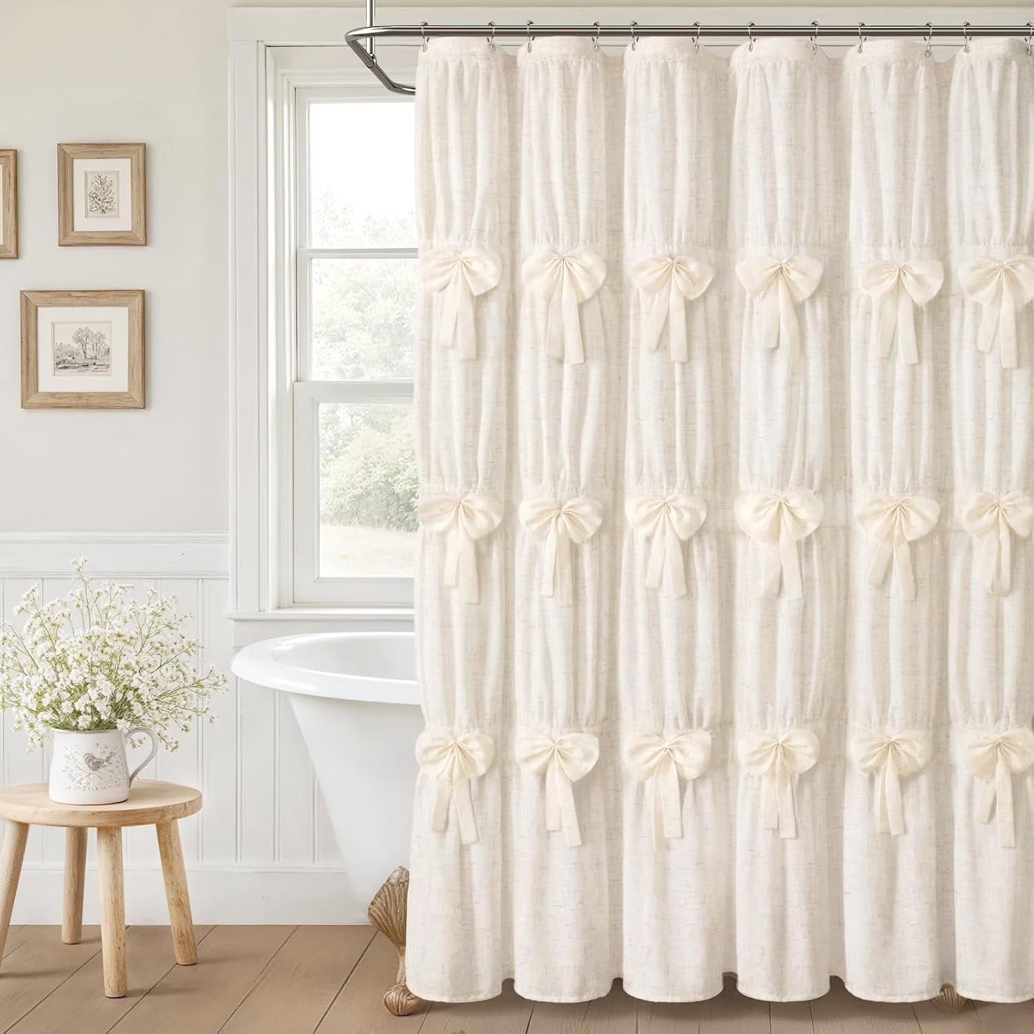 Psoiuetr Linen Ruffle Shower Curtain with Handmade Bows Vintage Farmhouse Shower Curtain for Bathroom,Cream,72" W x 72" L
