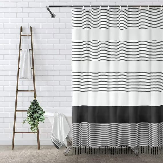 Psoiuetr Black and White Shower Curtain for Bathroom Extra Long Black Tassel Stripe Shower Curtain 72 X 78 Inches Farmhouse Cotton