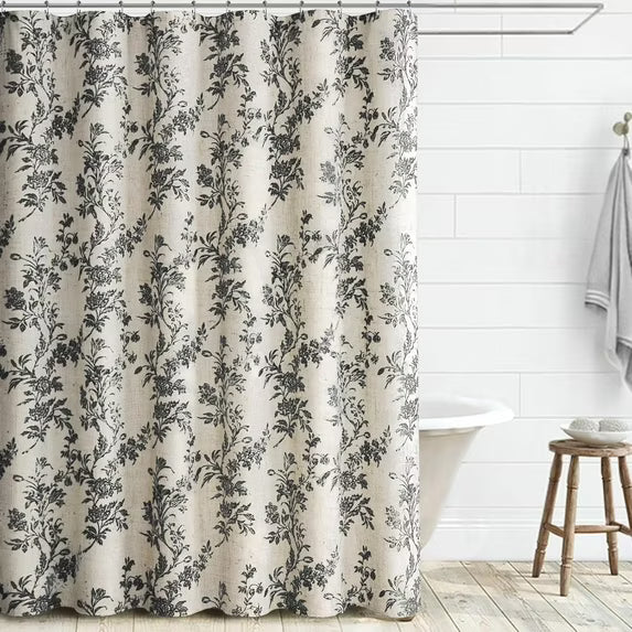 Psoiuetr Black Floral Linen Shower Curtain, Beige Cottagecore Shower Curtains for Bathroom 72" W x 72" L