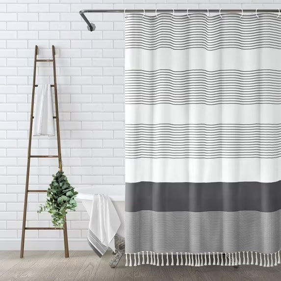 Psoiuetr Boho Dark Gray Shower Curtain for Bathroom Stripe Tassel Fabric Shower Curtain 72 X 72 Inches Farmhouse Linen